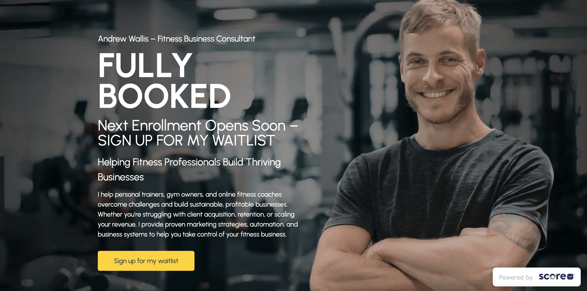 Fitness coach sitting confidently with arms folded and text overlay reading ‘Fully Booked with a Small Audience