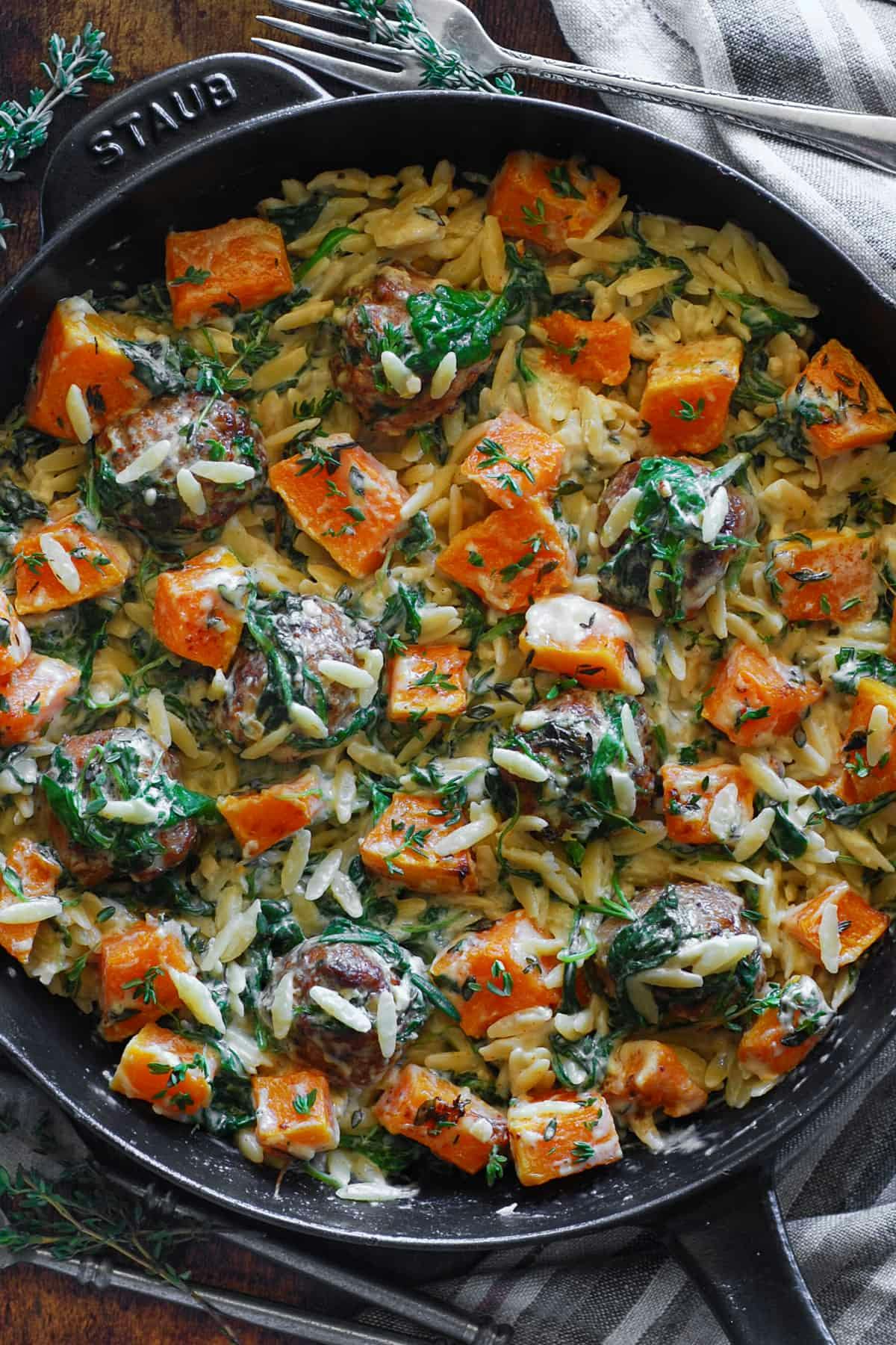 Baked Chicken Meatballs with Creamy Butternut Squash and Spinach Orzo