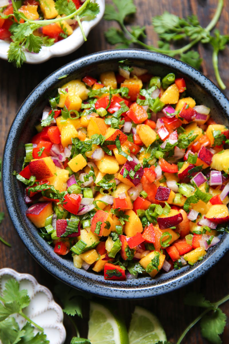 Peach Salsa with Bell Peppers, Red Onions, and Green Onions.