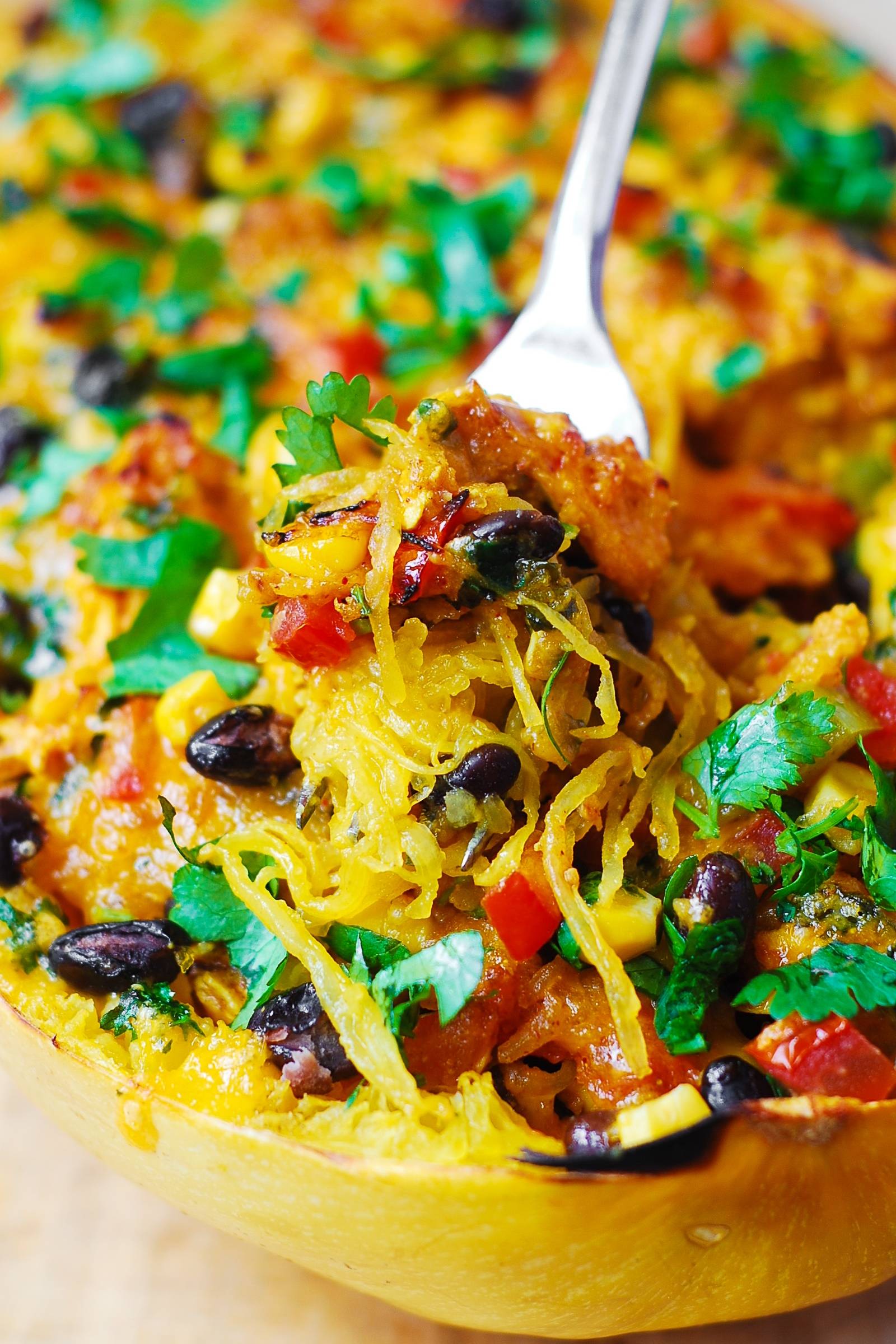 Southwestern Spaghetti Squash (stuffed with chopped chicken, black beans, tomatoes, corn, green chilies, green bell pepper, spaghetti squash flesh, and topped and broiled with shredded Cheddar on top).