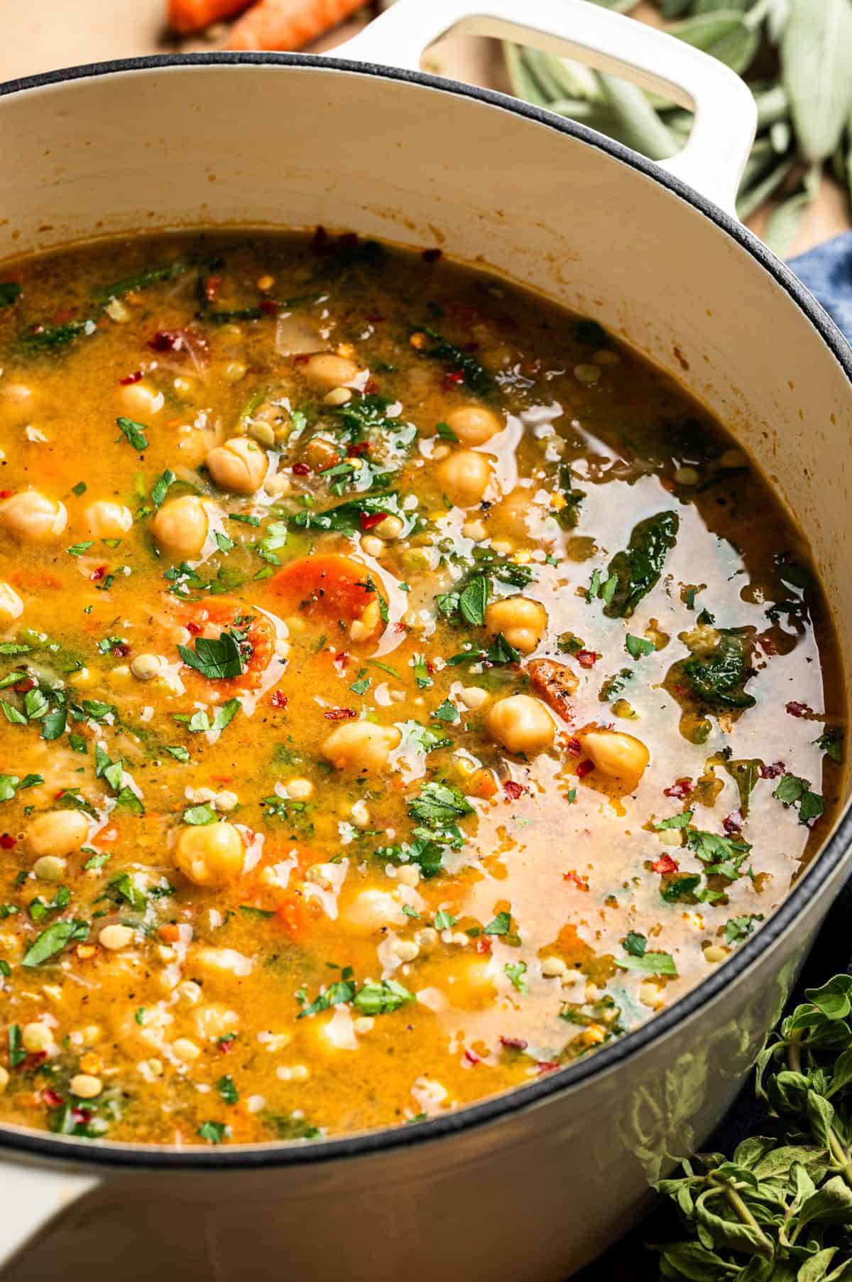 Lentil Soup in a Dutch oven.