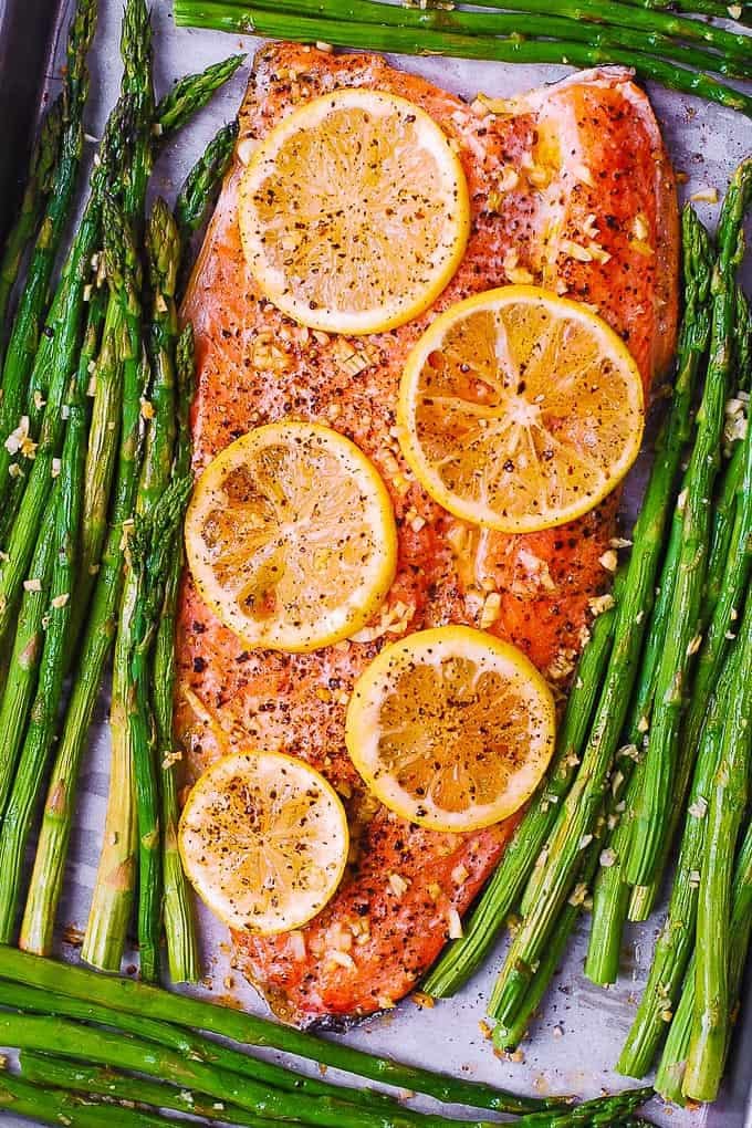 Baked Salmon (or Trout) and Asparagus with Lemon, Black Pepper, and Garlic
