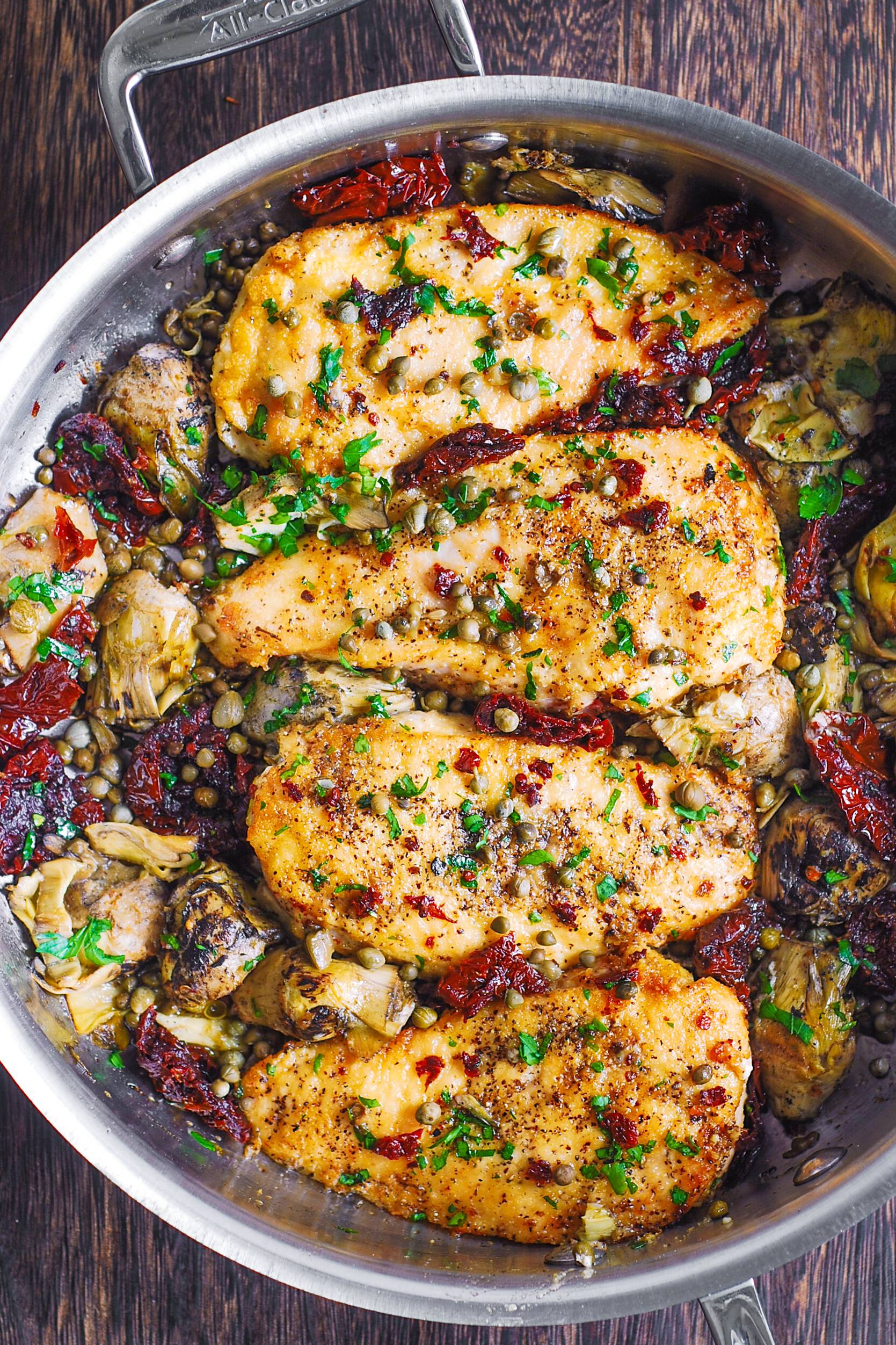 Mediterranean Chicken with Sun-Dried Tomatoes, Artichokes, and Capers.