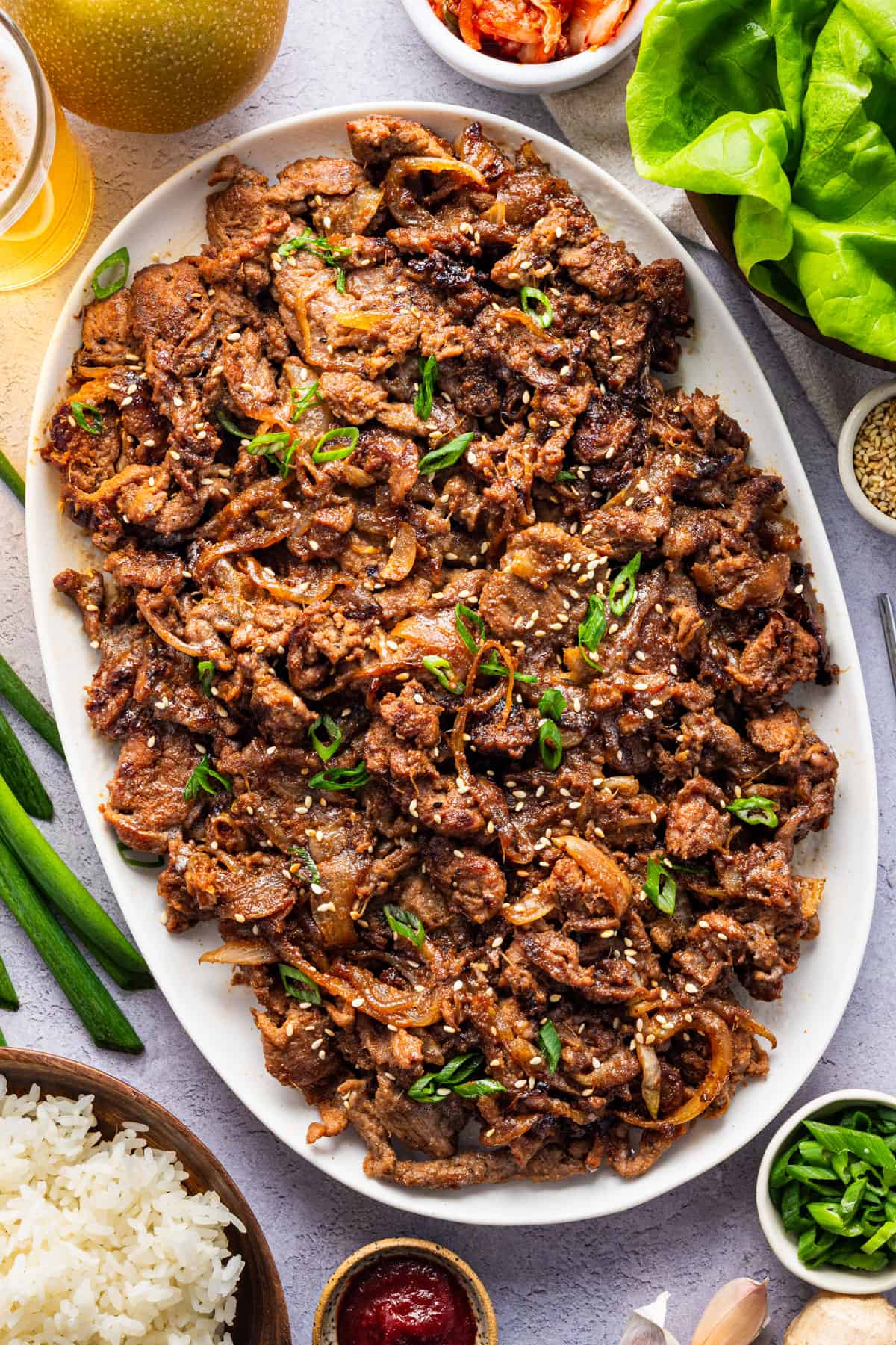 Beef Bulgogi (Korean BBQ Beef) on a white platter.