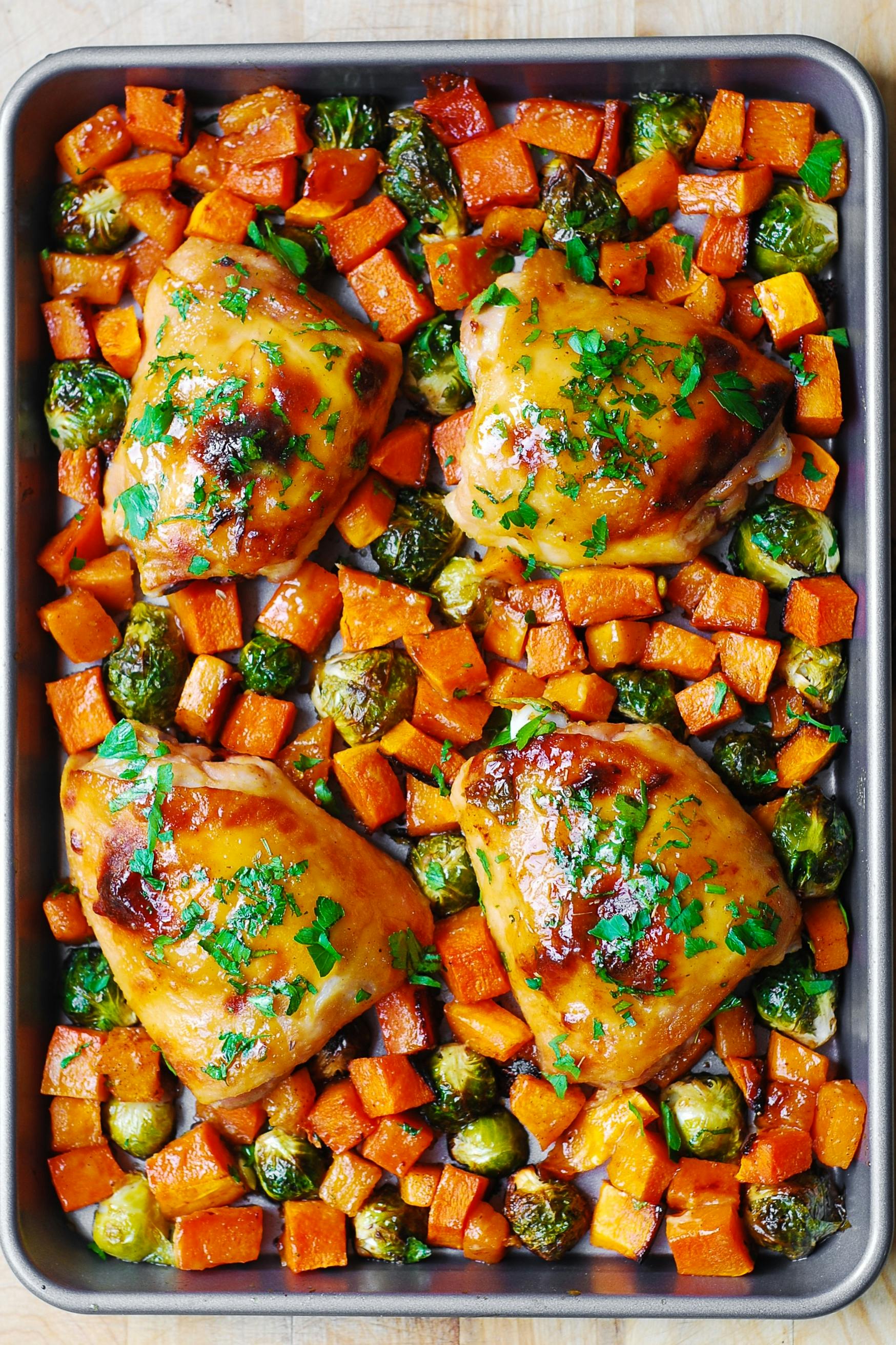 Sheet Pan Maple-Dijon Chicken with Roasted Butternut Squash and Brussels Sprouts.