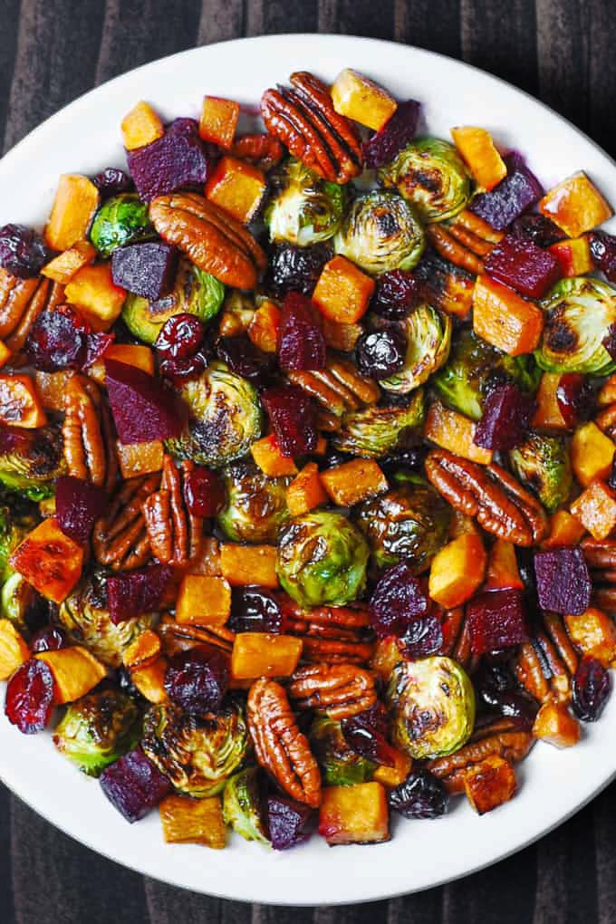 Roasted Vegetable Salad with Brussels Sprouts, Sweet Potatoes (or Butternut Squash), Beets, Pecans, and dried Cranberries
