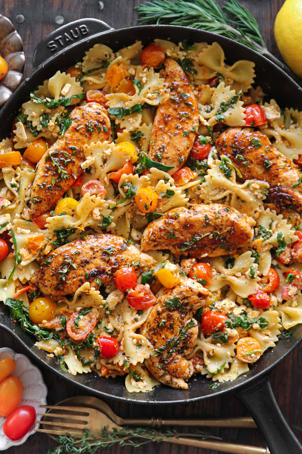 Chicken Feta Pasta in a cast iron skillet.