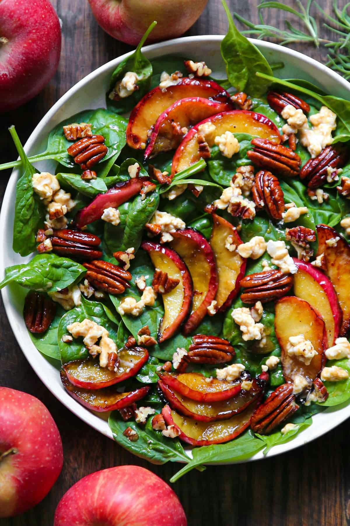 Spinach Salad with Cooked Apples, Pecans, Goat Cheese, and Maple-Lime Dressing
