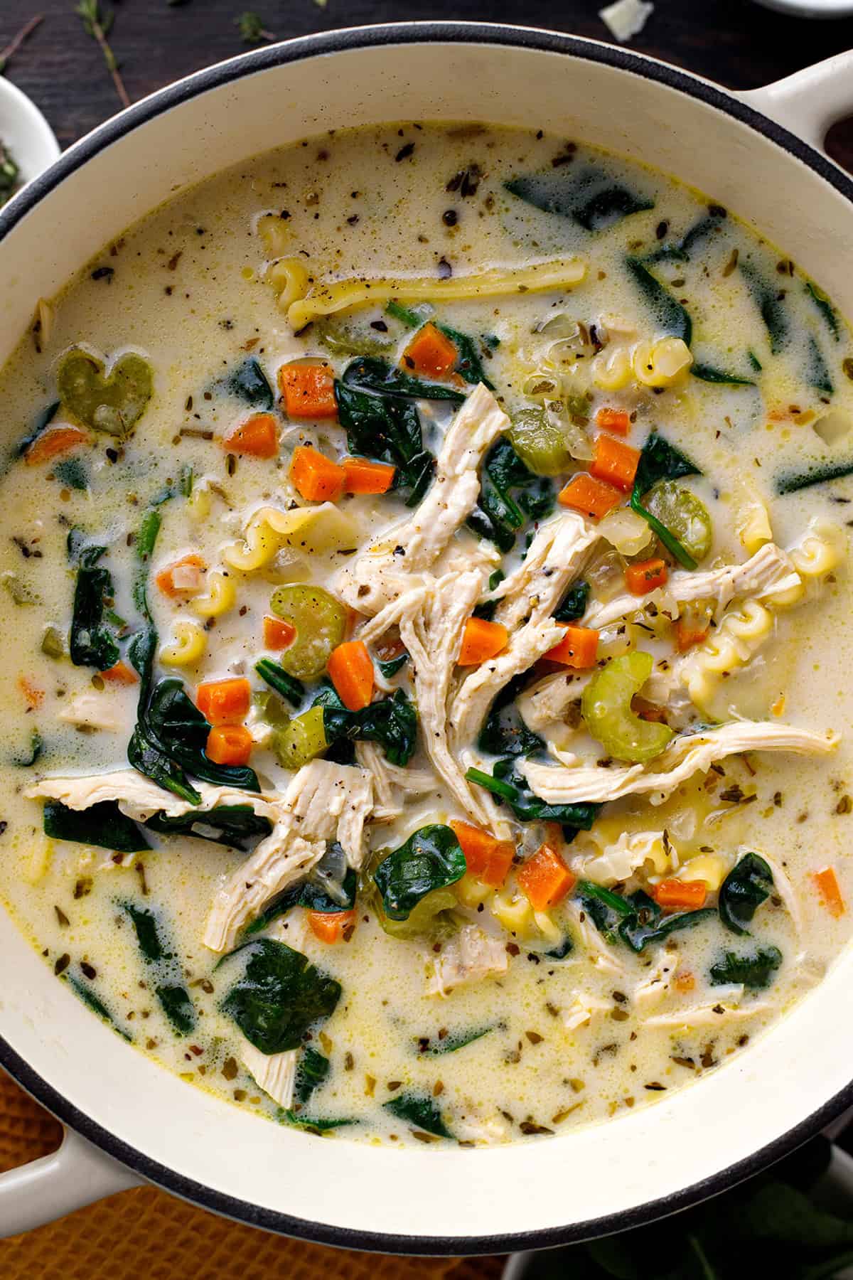 White Lasagna Chicken Soup in a Dutch oven.