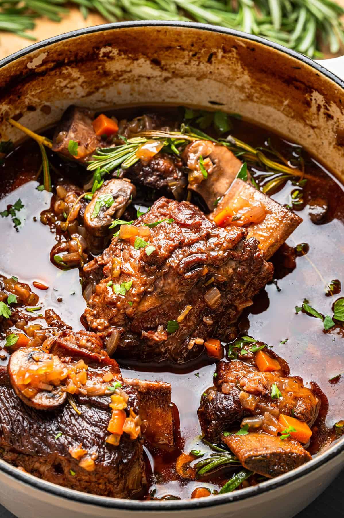 Braised Short Ribs with Red Wine & Mushrooms in a Dutch oven.