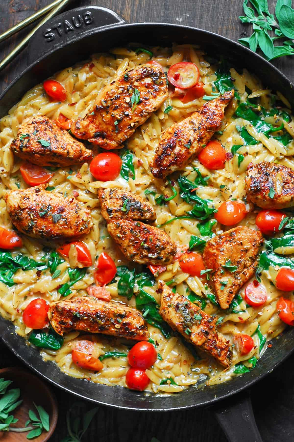 Creamy Chicken Orzo with Tomatoes and Spinach
