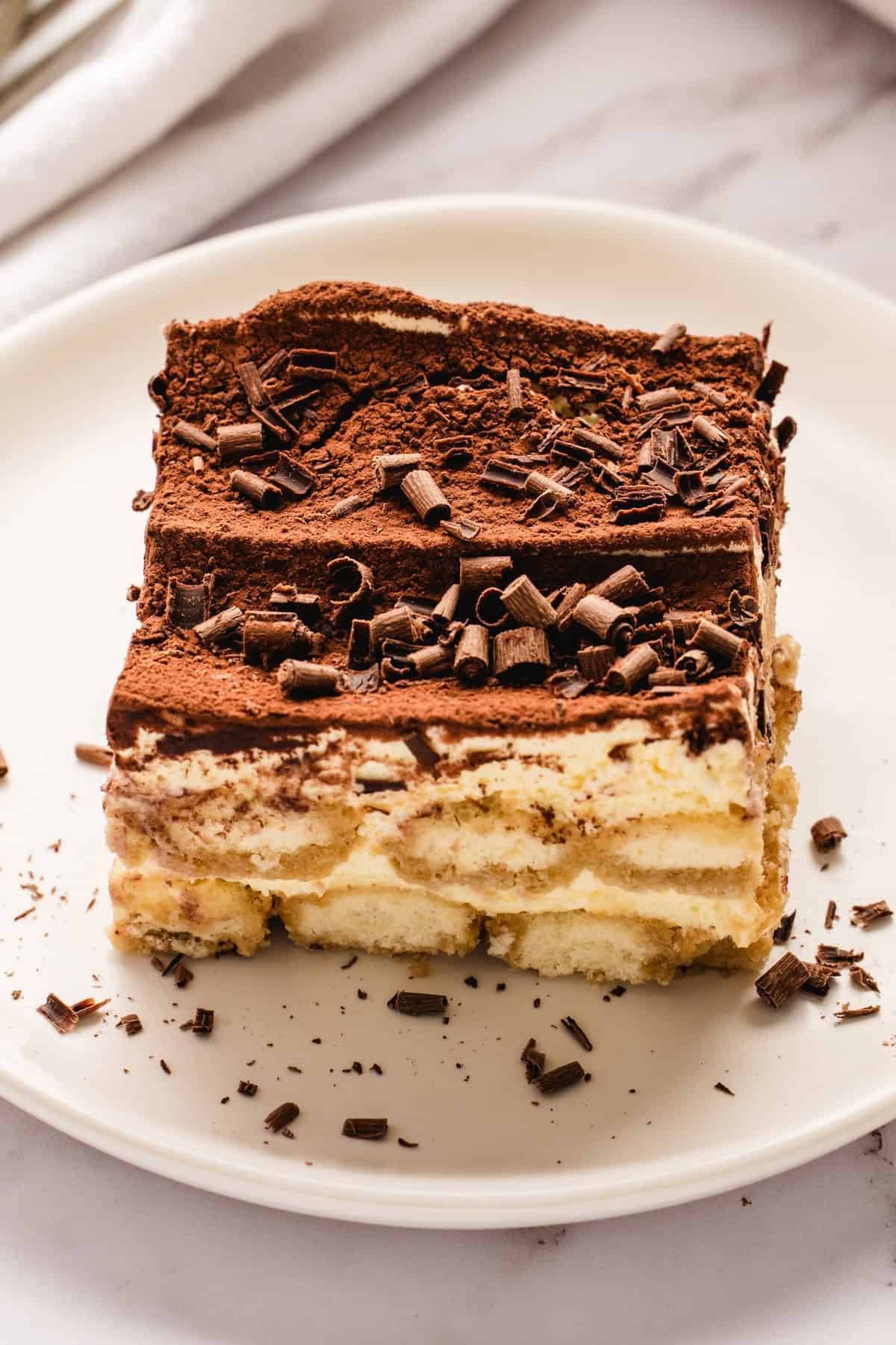 Classic Italian Tiramisu - on a white plate
