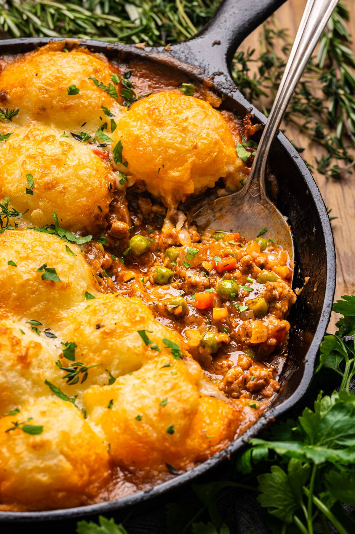 Shepherd's Pie (with Ground Lamb) - in a cast iron skillet.