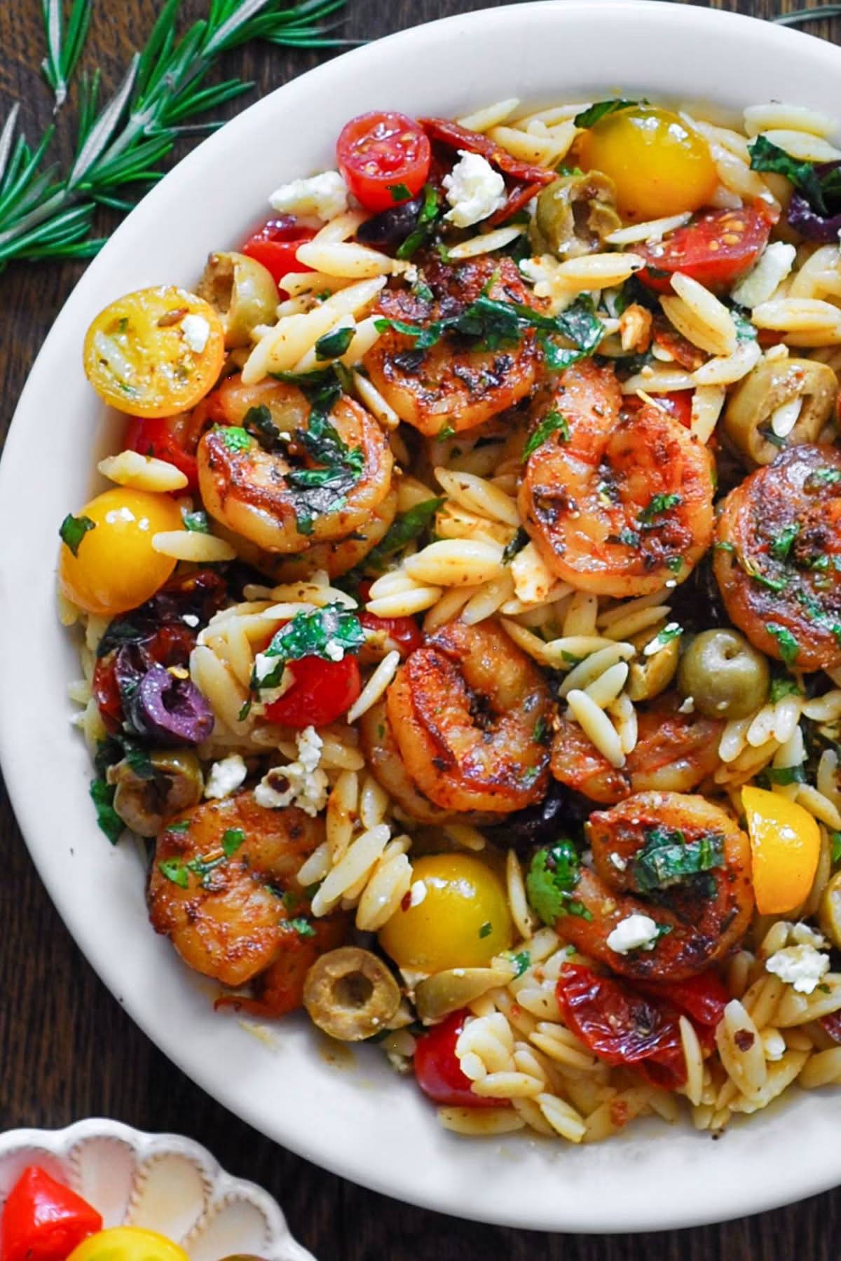 Summer Shrimp Orzo Pasta Salad on a plate.
