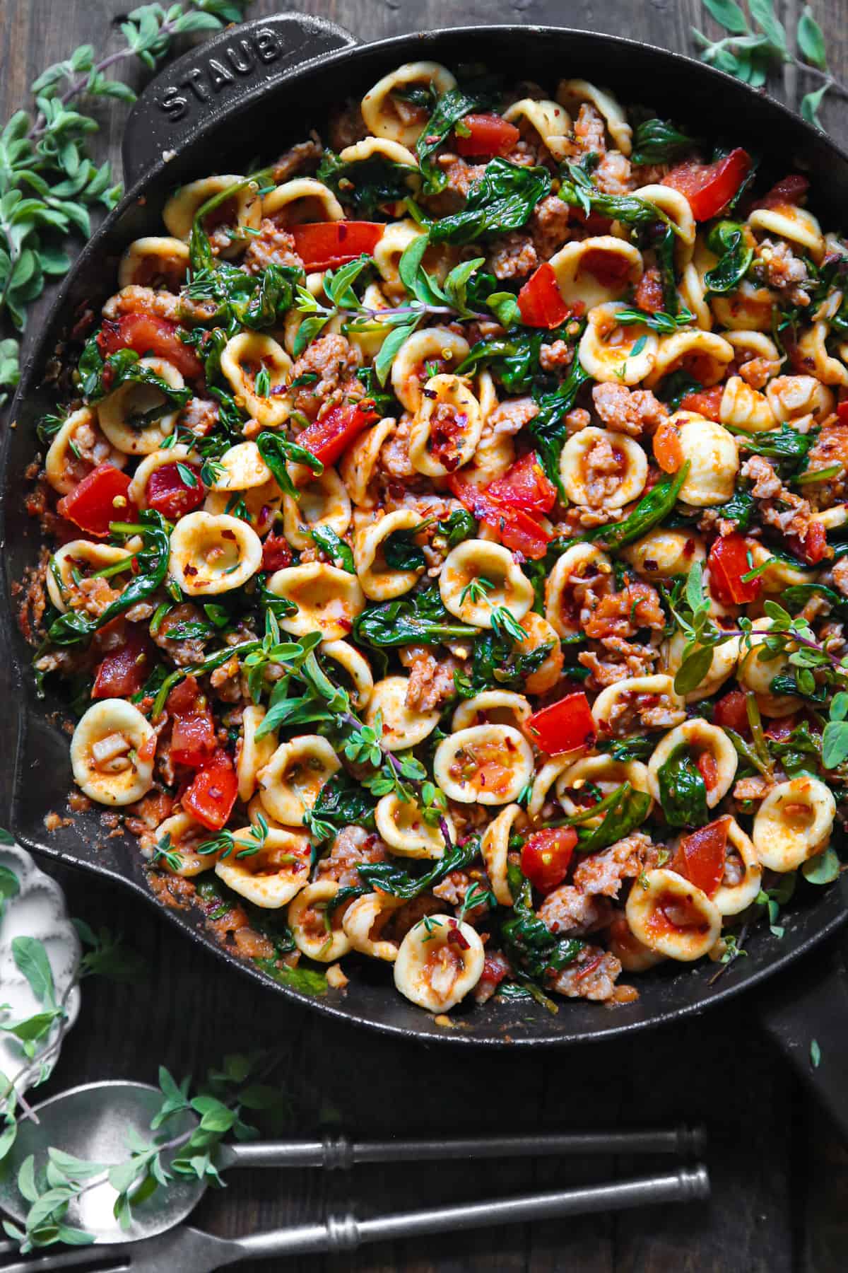 Sausage Orecchiette with Spinach and Tomatoes.