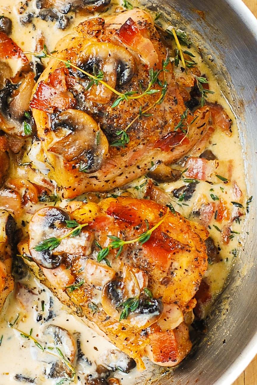 Chicken Thighs with Creamy Bacon Mushroom Thyme Sauce​  - in a stainless steel pan.