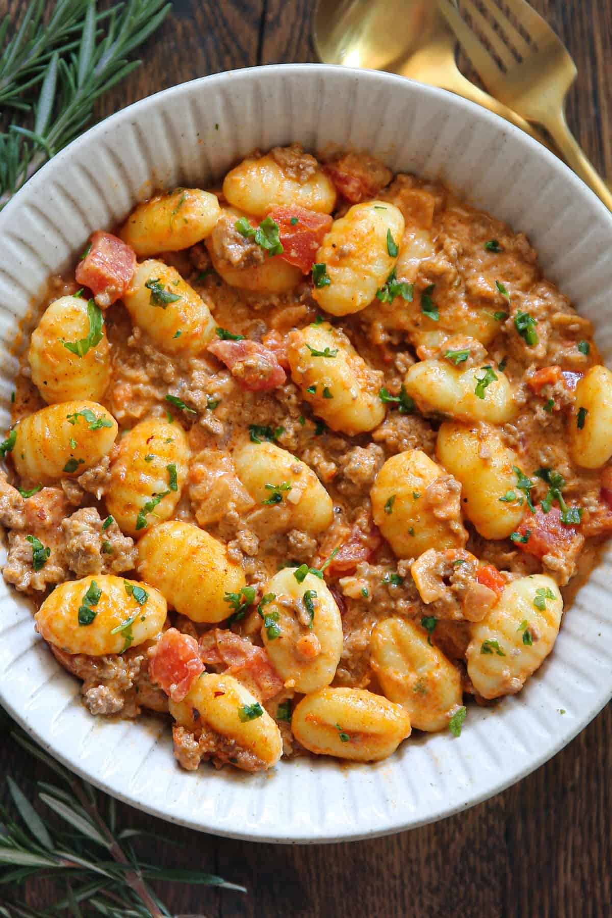 Ground Beef Gnocchi on a white plate.