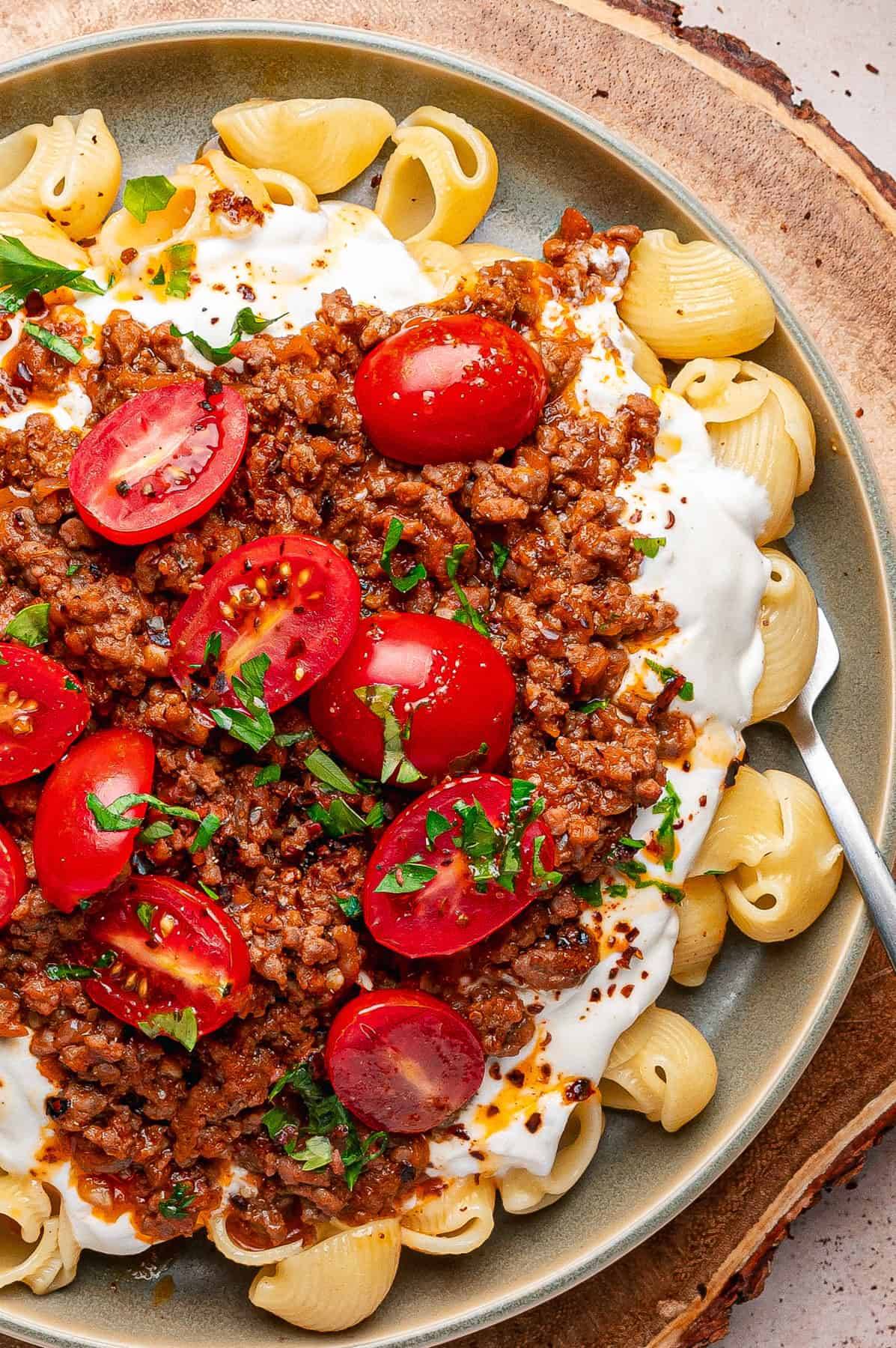 Turkish Pasta (layered warm pasta with a spiced ground beef tomato sauce, cool garlicky yogurt, and a sizzling sweet paprika-chili butter drizzle)
