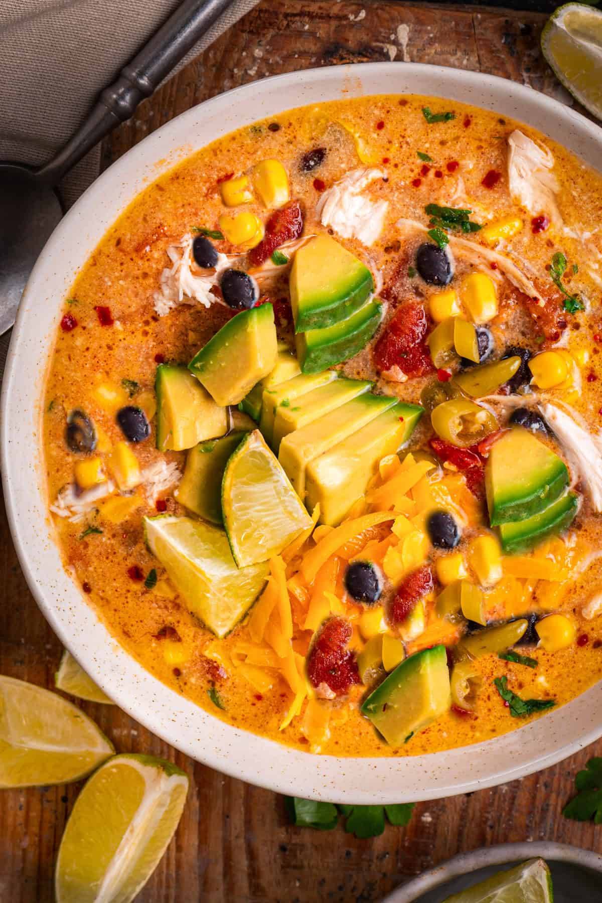 Chicken Enchilada Soup in a bowl.