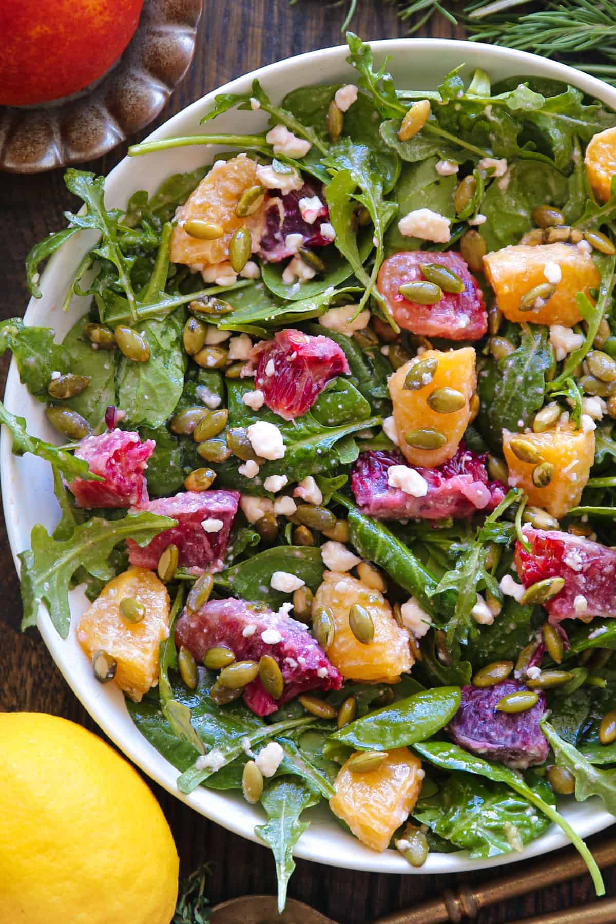 Blood Orange Green Salad with Feta Cheese and Honey-Lemon Mustard Dressing.