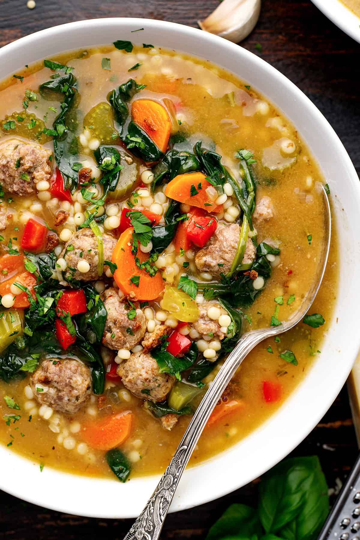 Italian Wedding Soup with Meatballs in a bowl.
