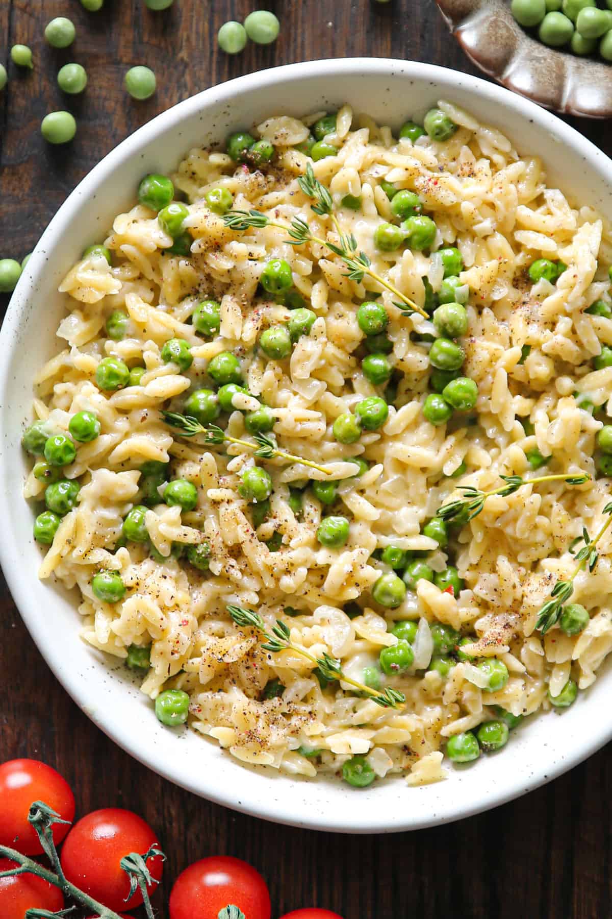 Creamy Garlic Parmesan Orzo in a white bowl.
