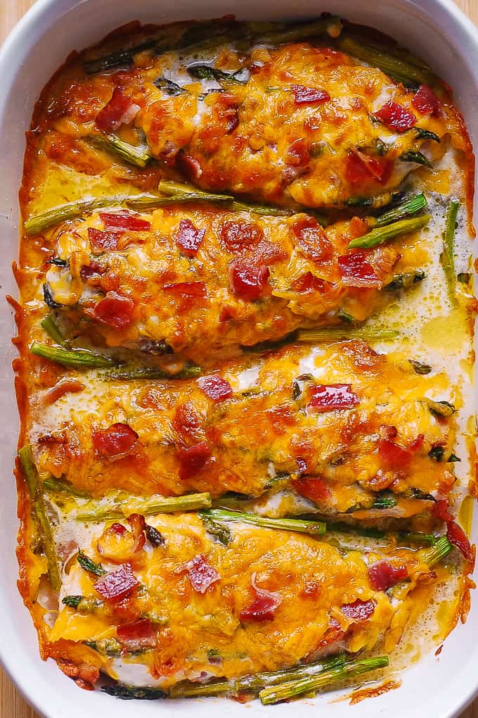 One-Pan Asparagus Chicken Bake with Bacon, Ranch, and Cheddar.