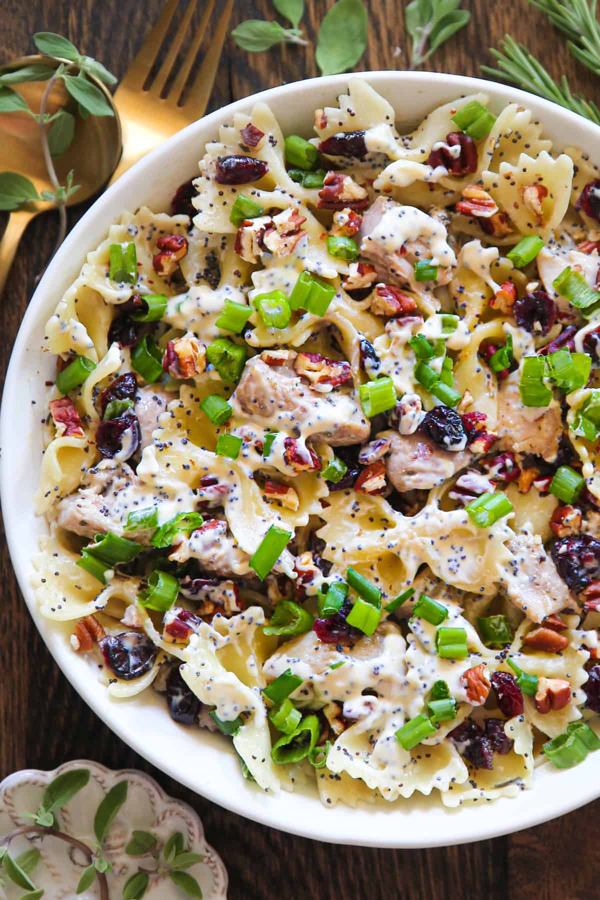 Creamy Chicken Pasta Salad with Pecans, Cranberries, and Poppy Seed Dressing, green onions - in a bowl.