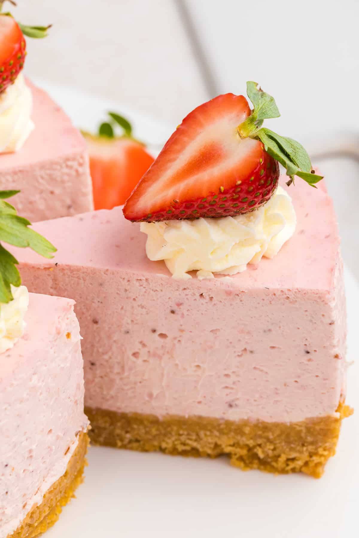 No-Bake Strawberry Cheesecake on a white plate.