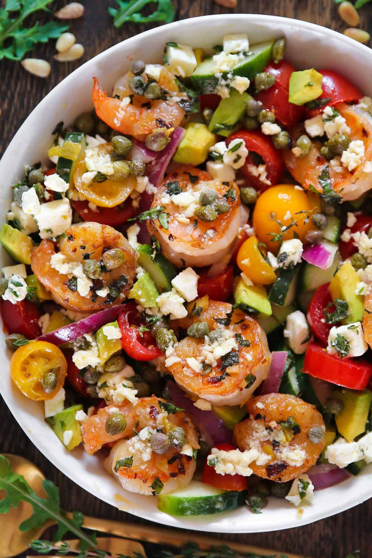 Greek-inspired Shrimp Salad in a white bowl.