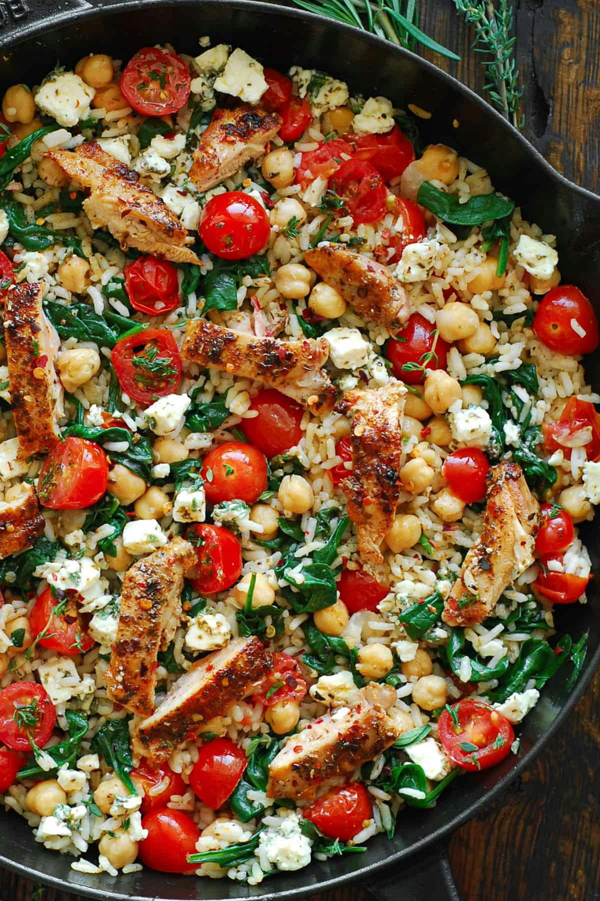 Greek Chicken with Lemon Rice, Chickpeas, Tomatoes, and Spinach 