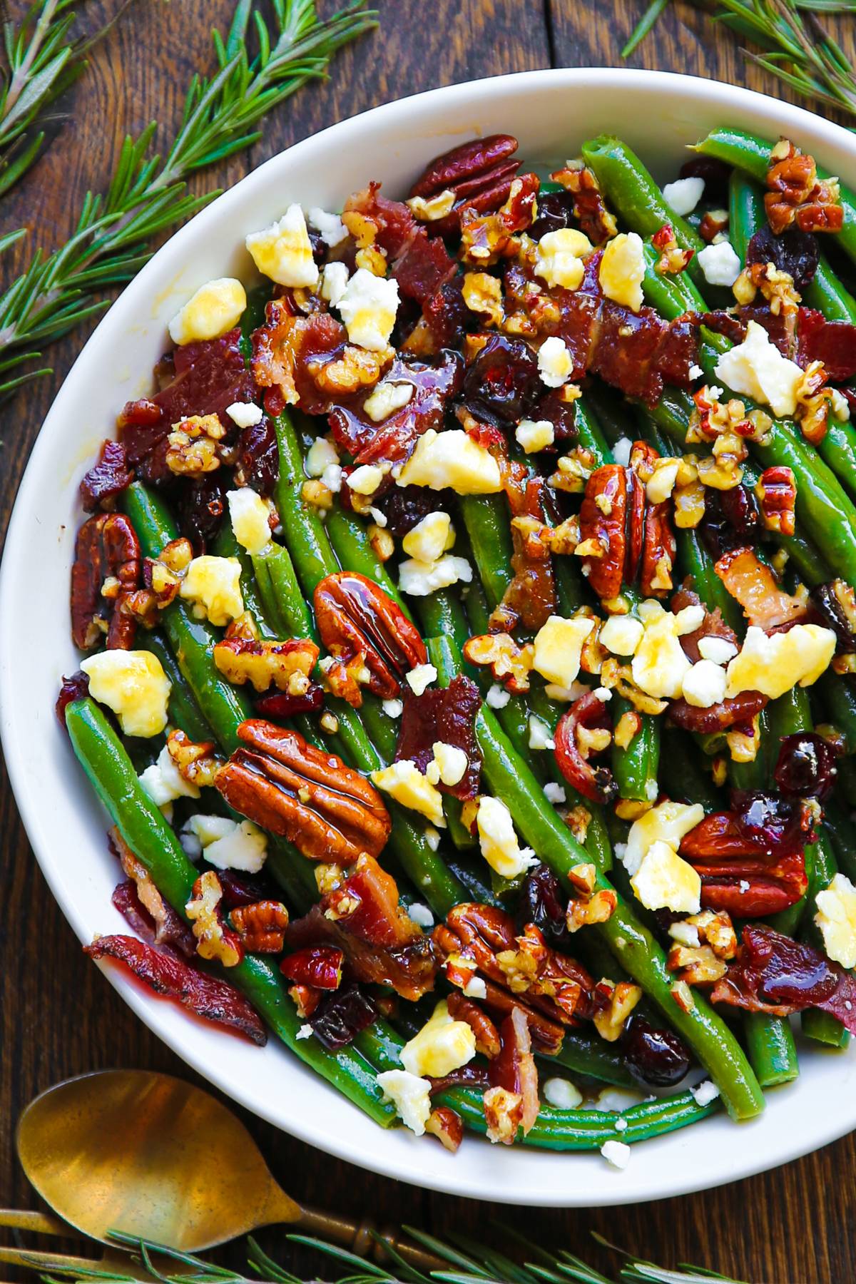Green Bean & Bacon Salad with Pecans, Cranberries, Feta, and Lemon Honey Mustard Dressing.