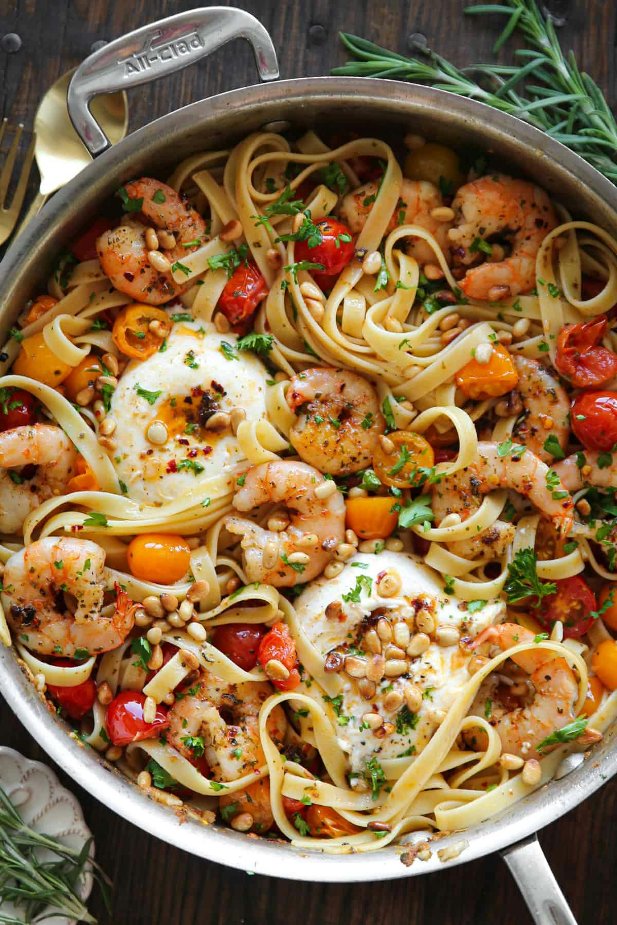 Mediterranean Shrimp Pasta with Tomatoes, Burrata Cheese, and Pine Nuts