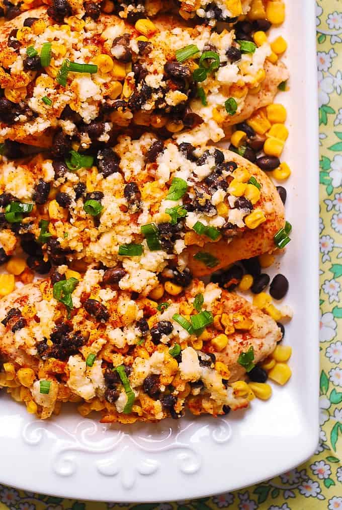 Mexican Street Corn Black Bean Chicken Bake on a white plate.