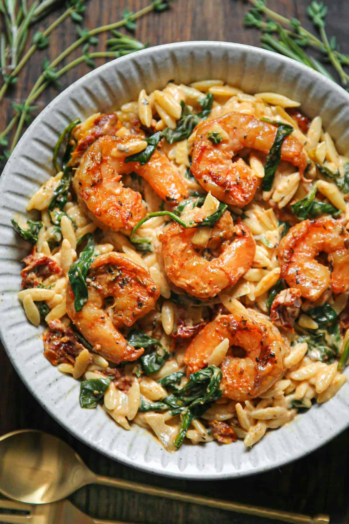 Tuscan Shrimp Orzo with Spinach, Artichokes, and Sun-Dried Tomatoes