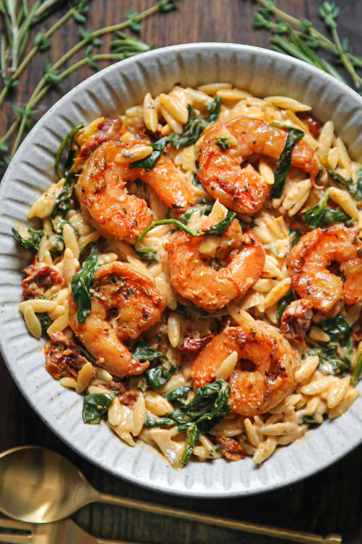 Tuscan Shrimp Orzo with Spinach, Artichokes, and Sun-Dried Tomatoes