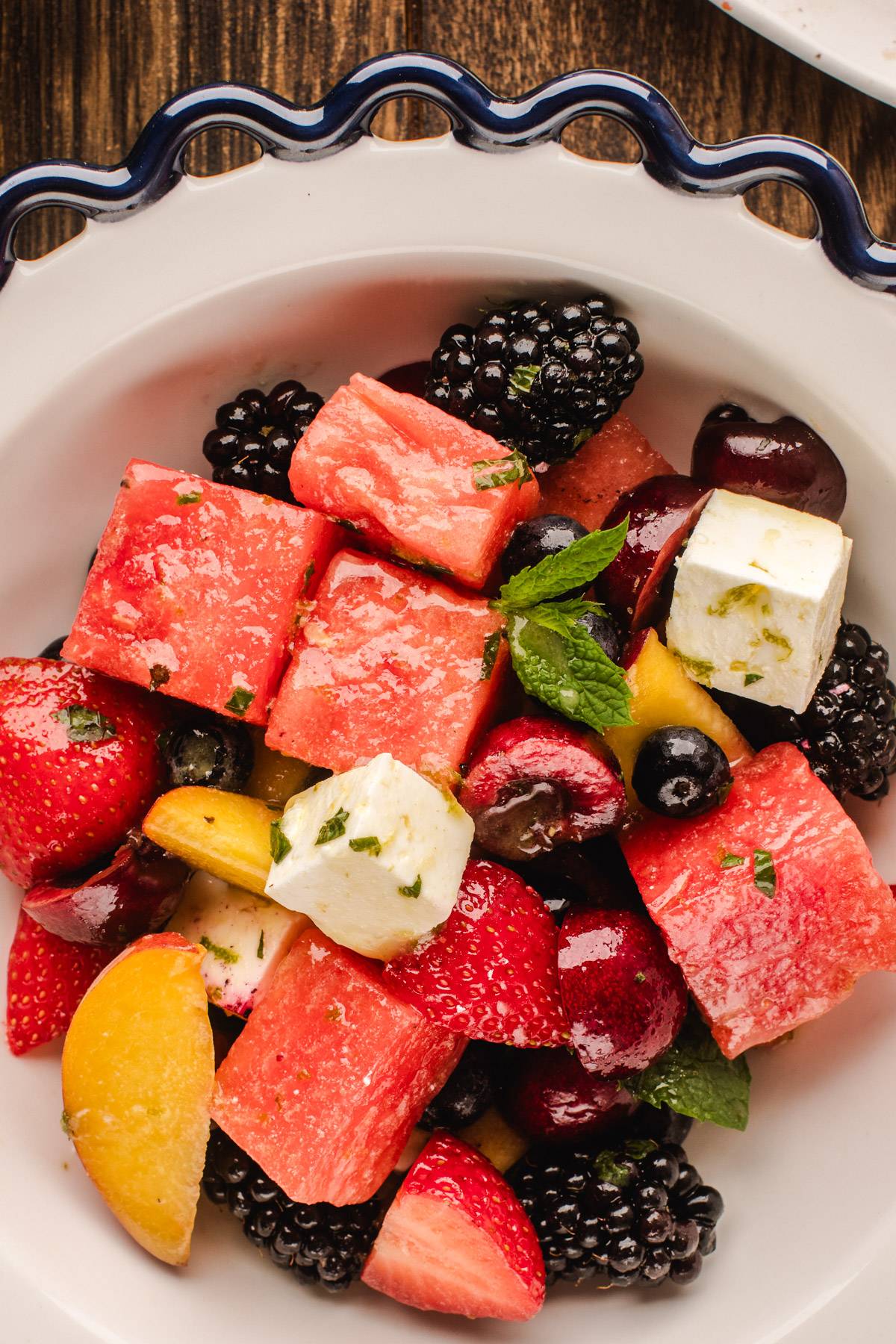 Watermelon Salad with Berries and Feta in a bowl.