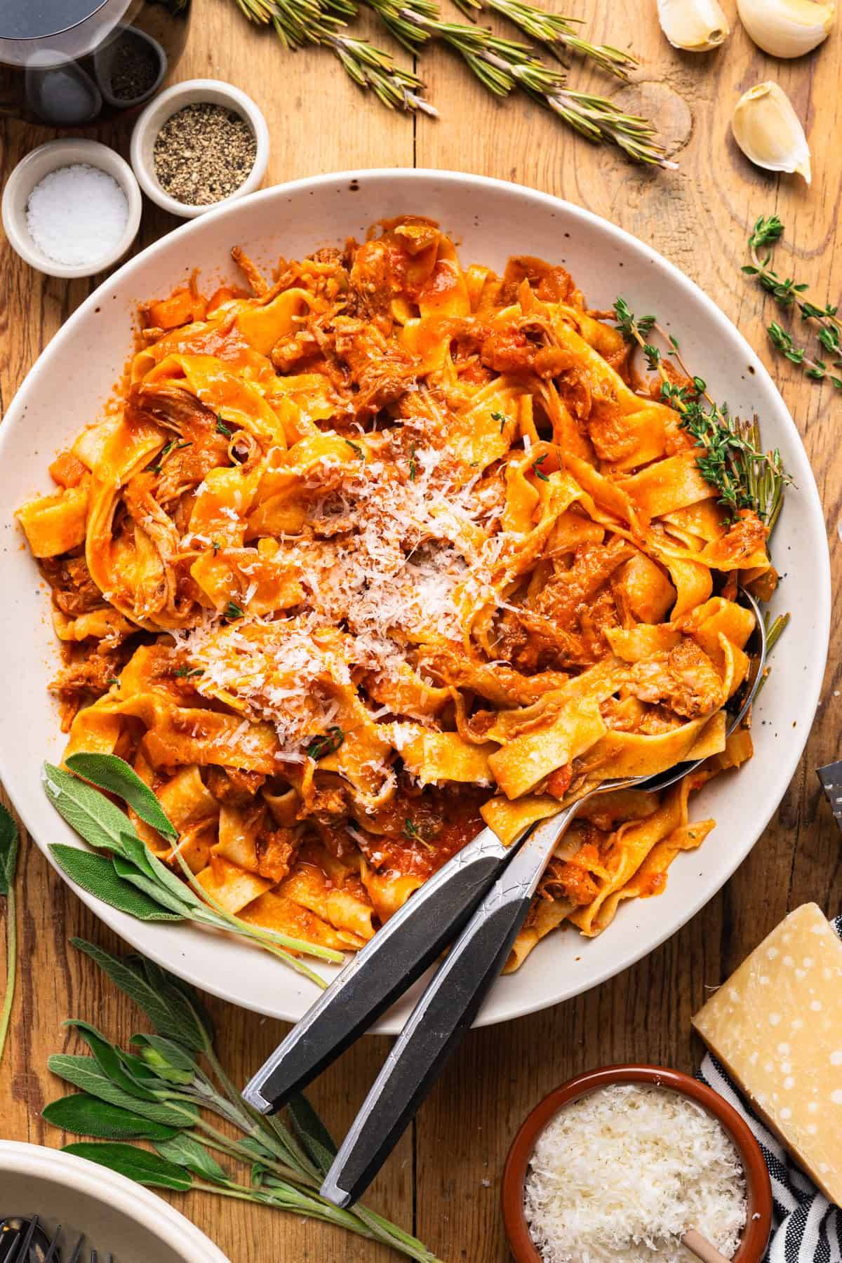 Braised Pork Ragu Pappardelle on a white plate.