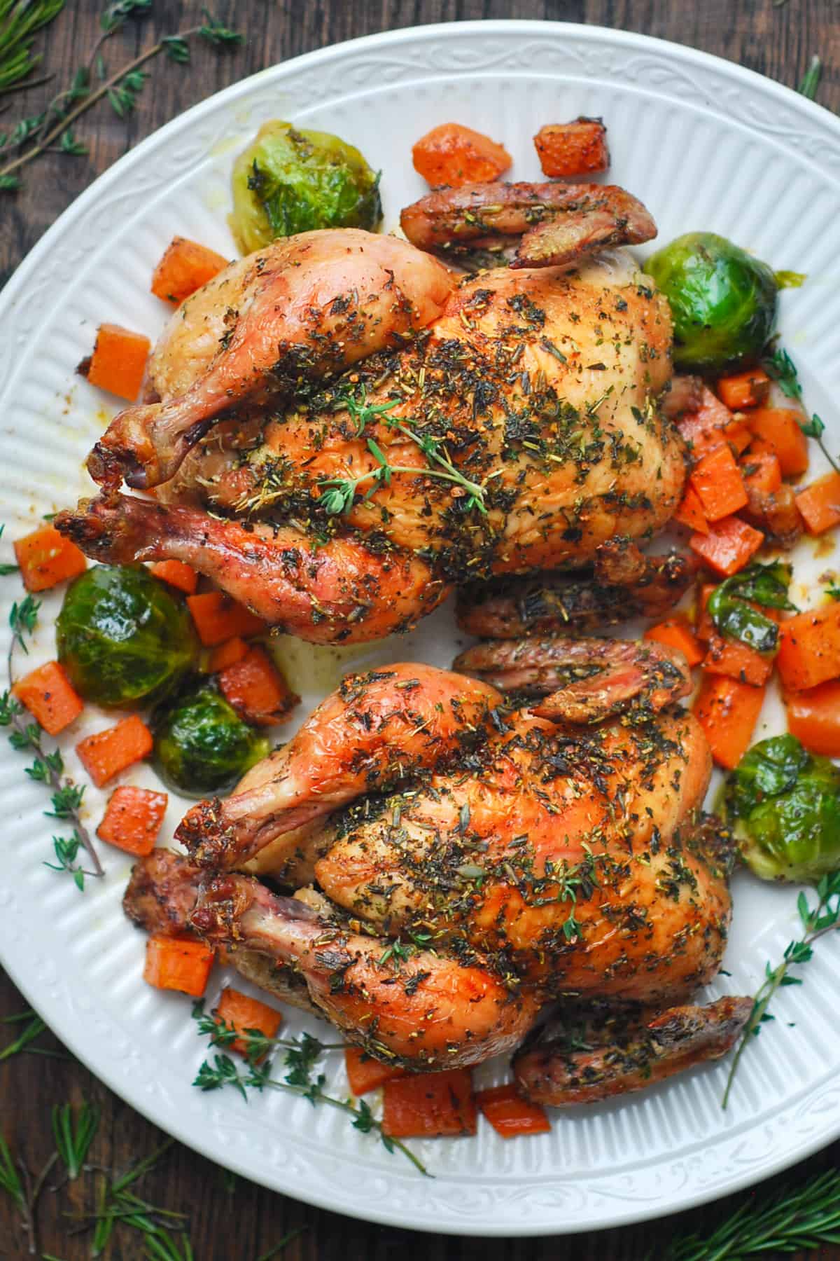Roasted Cornish Hens with Sweet Potatoes and Brussels Sprouts