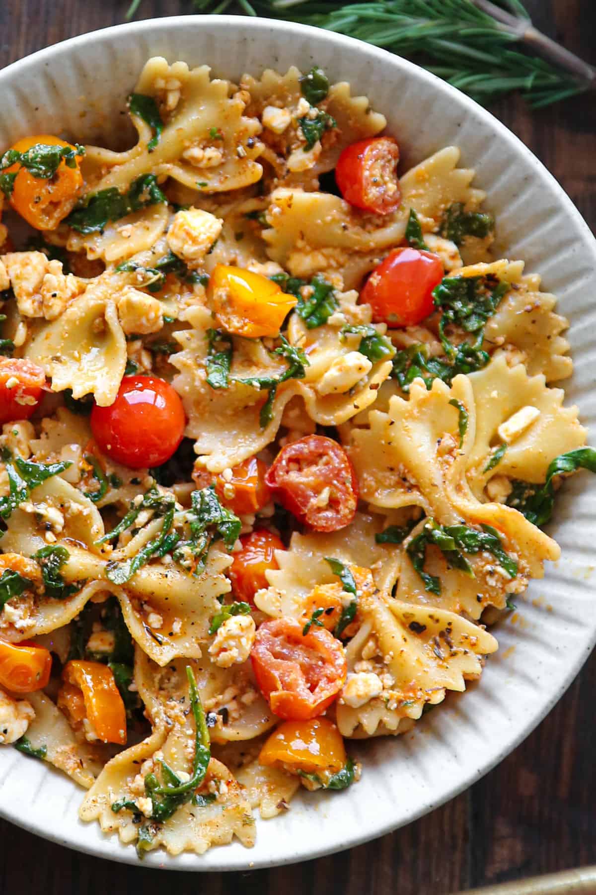 Feta Pasta with Spinach and Cherry Tomatoes.