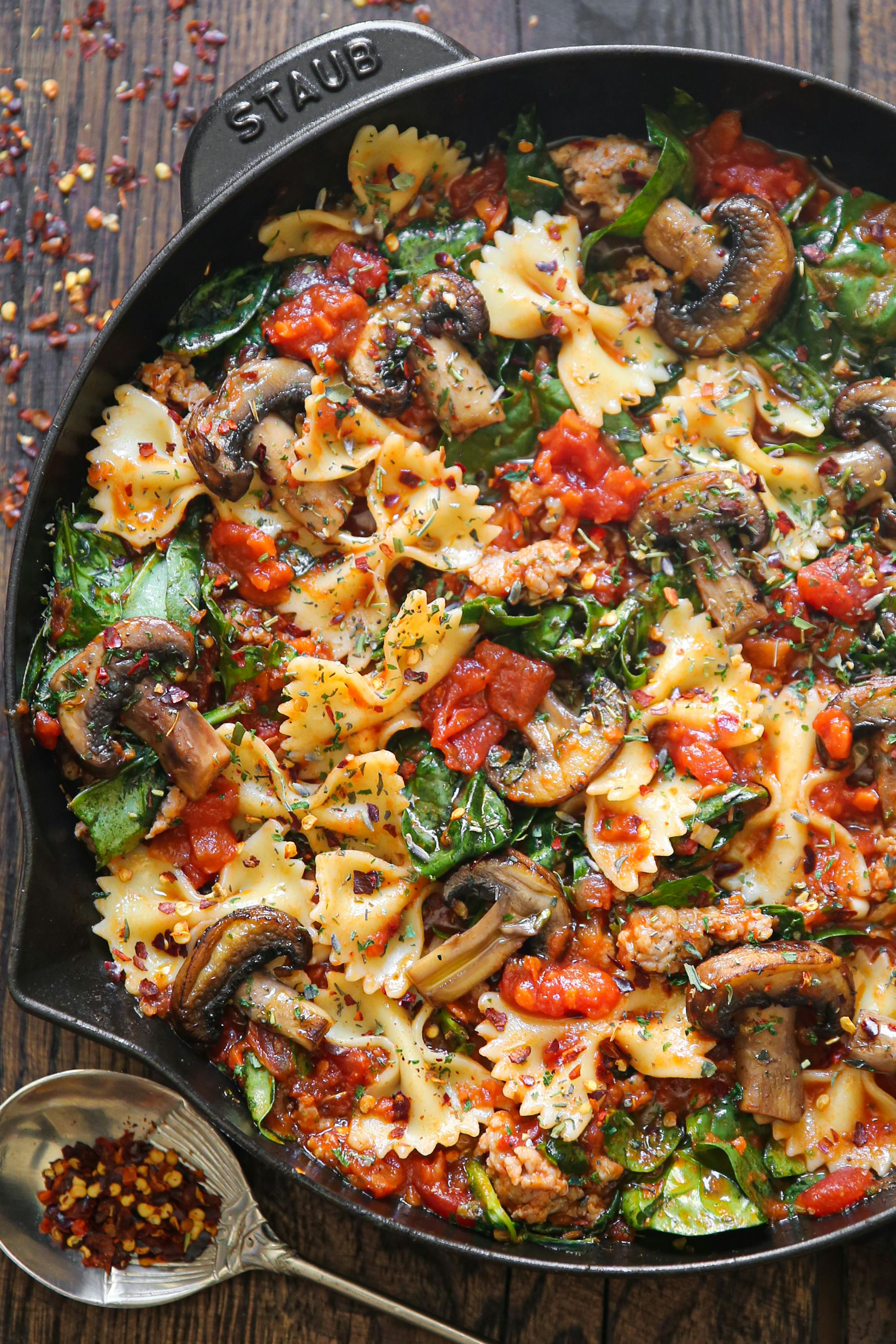  Italian Sausage Pasta with Spinach, Mushrooms, and Marinara Sauce.