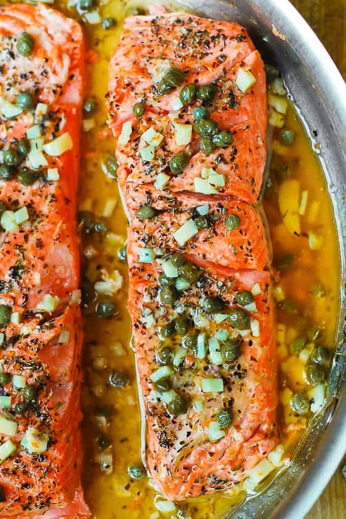 Salmon (or Trout) with Lemon Caper Garlic Butter Sauce 