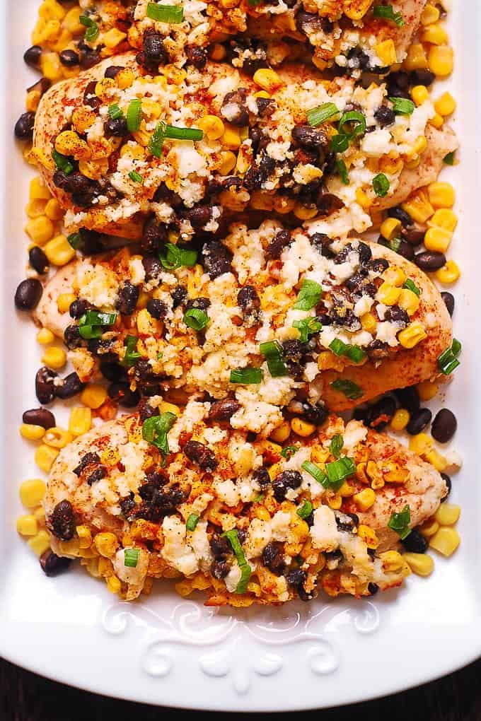 Mexican Street Corn Black Bean Chicken Breasts on a plate.