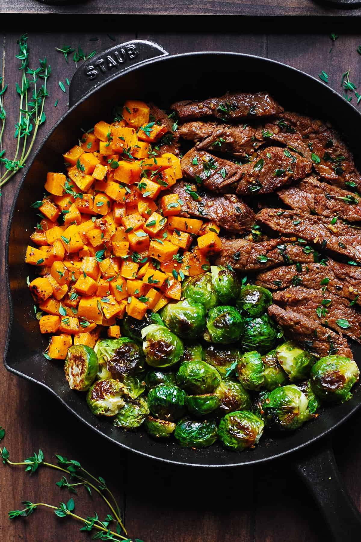 Garlic Butter Flank Steak with Roasted Brussels Sprouts and Sweet Potatoes (or Butternut Squash)