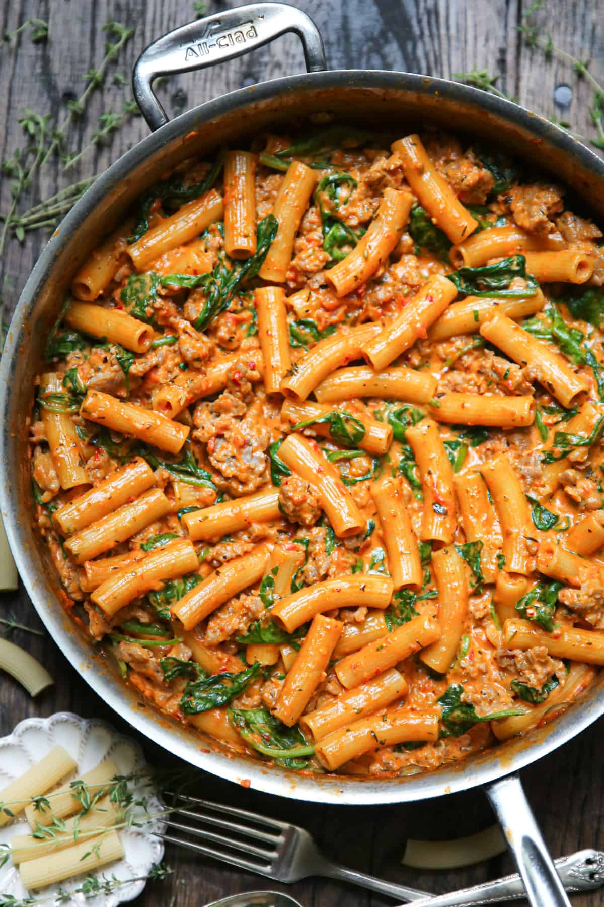 One-Pot Creamy Sausage Rigatoni in a stainless steel pan.
