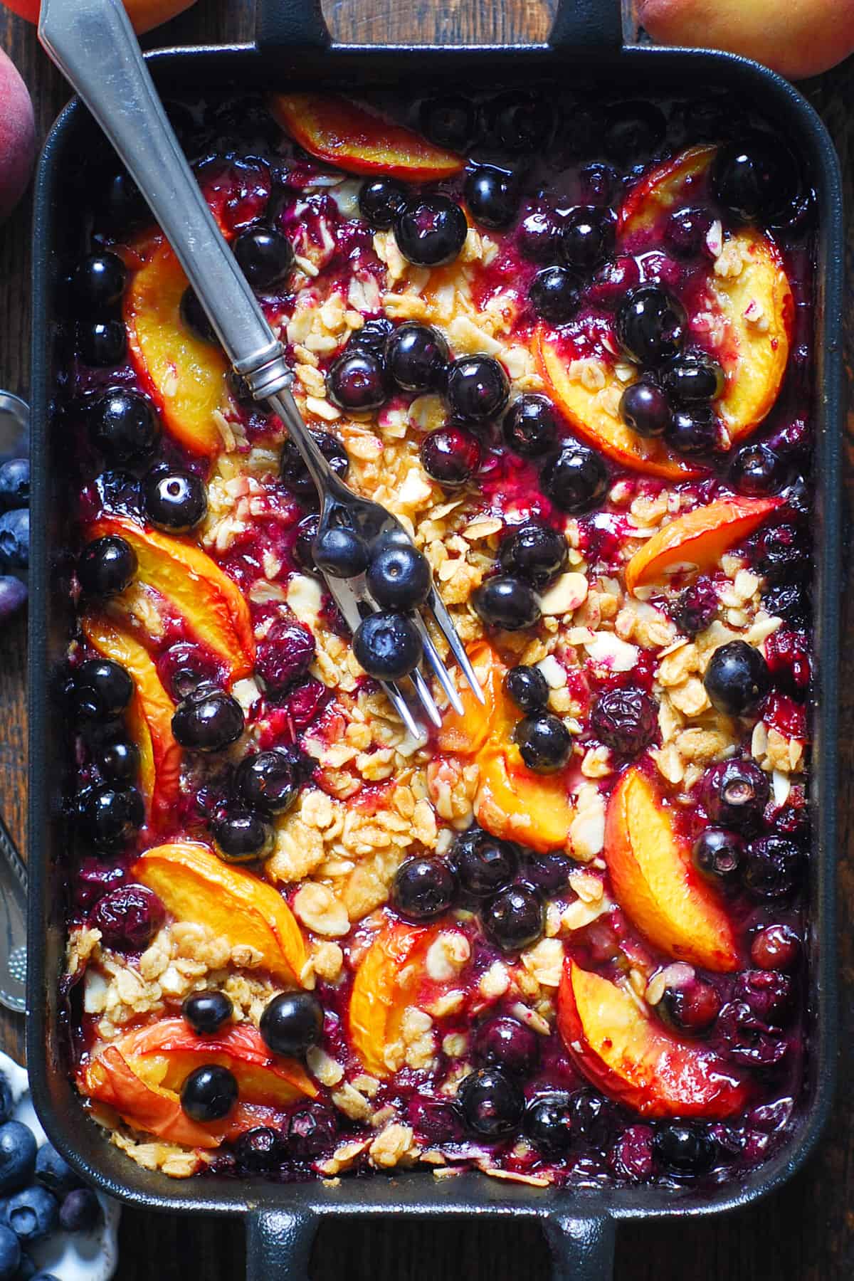 Peach and Blueberry Crisp with Crunchy Oatmeal, Almond, and Brown Sugar Topping