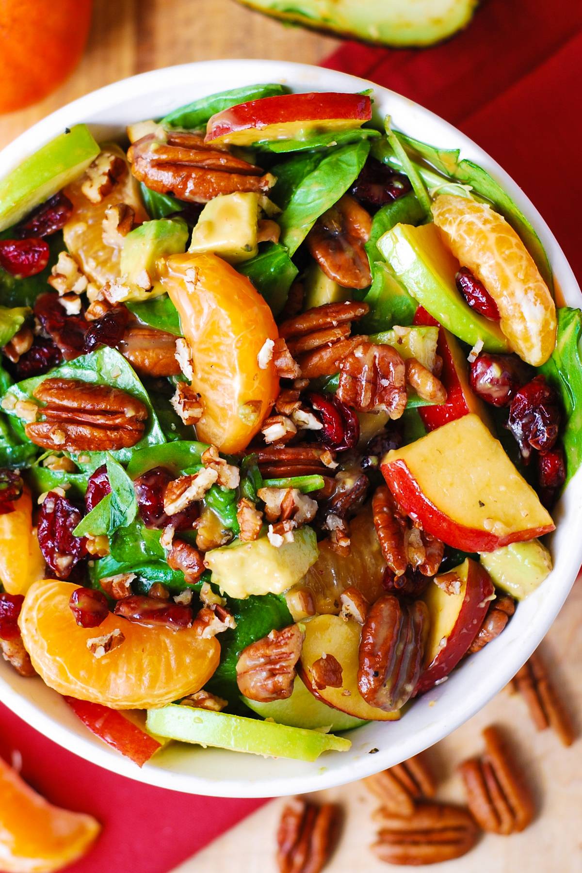 Apple Cranberry Spinach Salad with Pecans, Avocados (and Balsamic Vinaigrette Dressing)