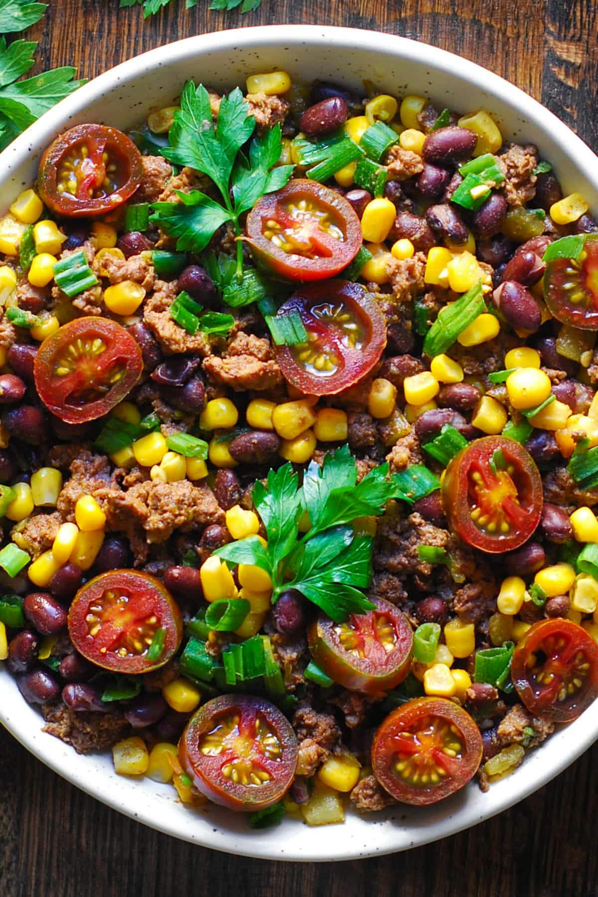 Mexican Beef with Black Beans, Corn, Cherry Tomatoes, Green Chiles, and Green Onions