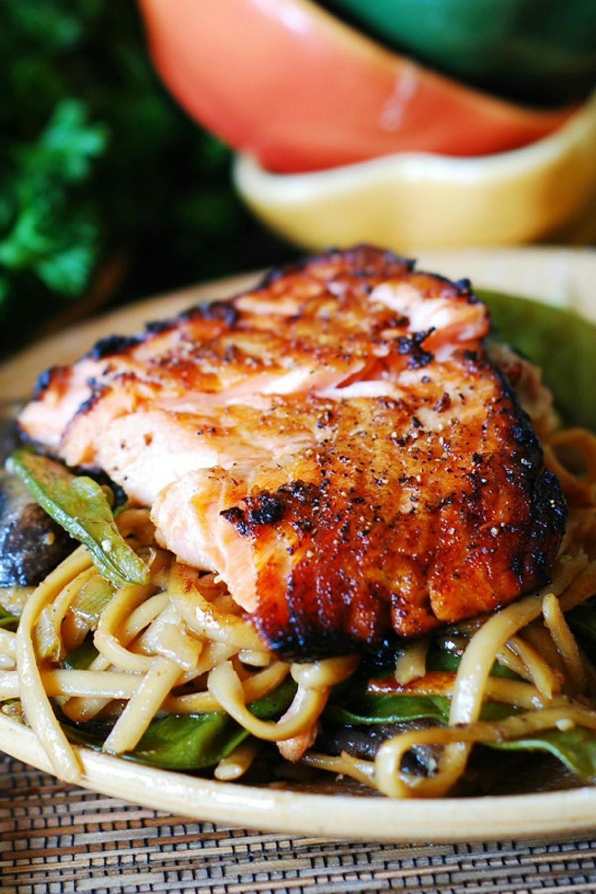 Asian Salmon and Noodles with Mushrooms and Snow Peas