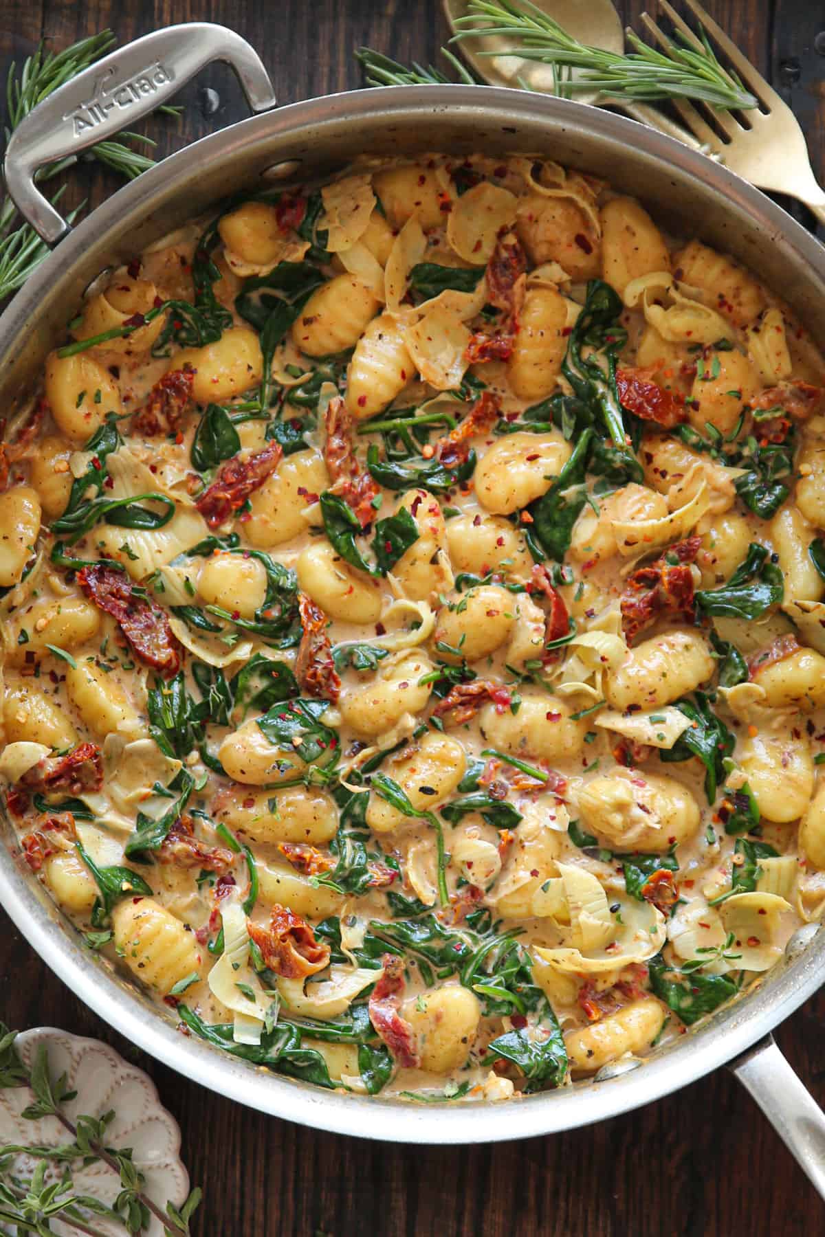 Creamy Tuscan Gnocchi with Spinach, Artichokes, and Sun-Dried Tomatoes.